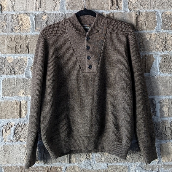 Vintage 90s Eddie Bauer Tan Brown Ribbed Knit Henley Sweater Large - Picture 1 of 7